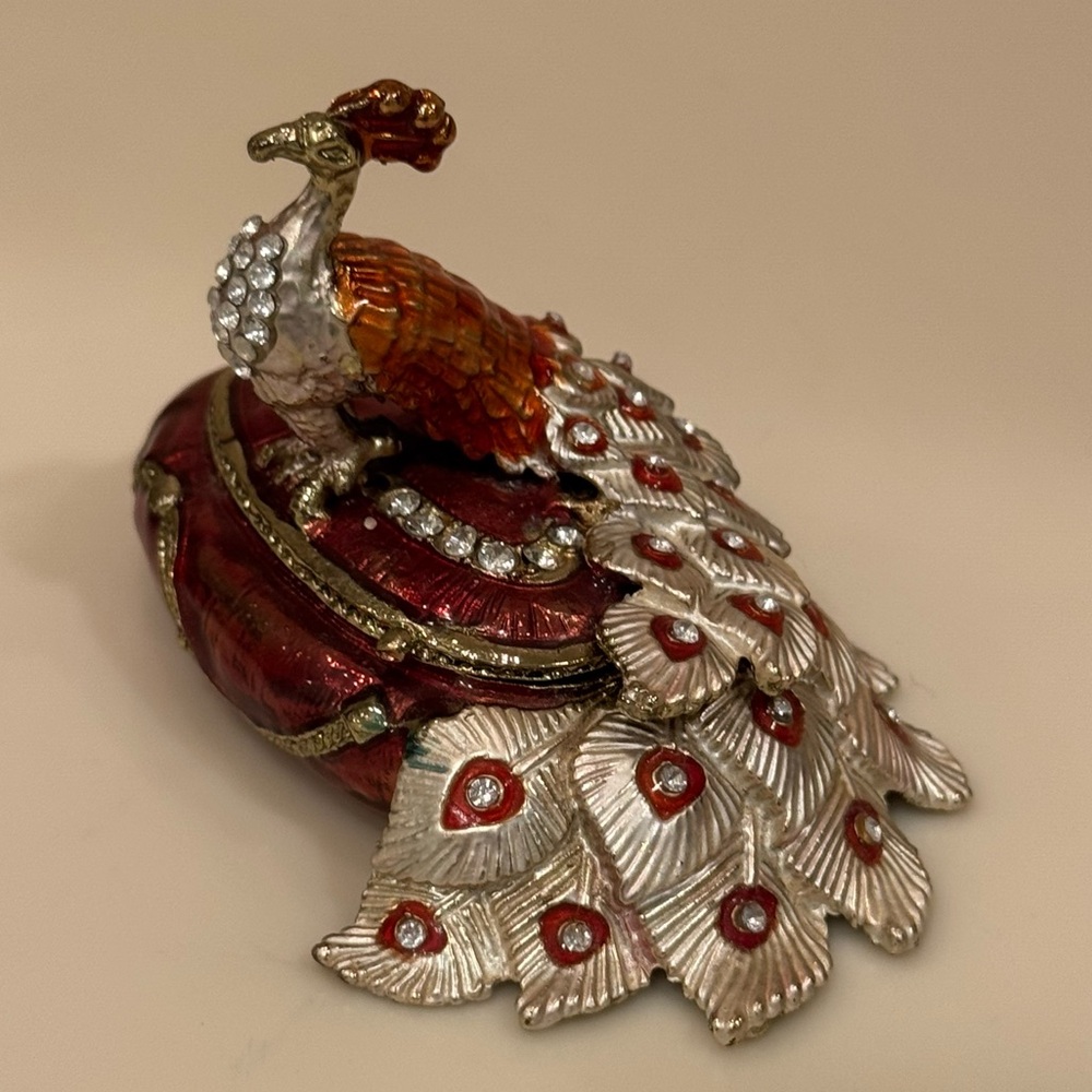 Jeweled Metal and Enamel Peacock Trinket Box  With Magnetic Closure
